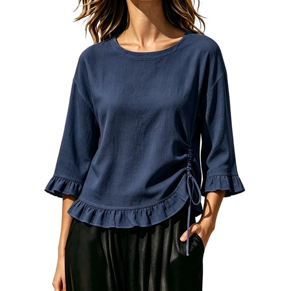 Tops for Women 3/4 Sleeve Round Neck Ruffle Side Drawstring Ruched Textured Casual Summer Blouse