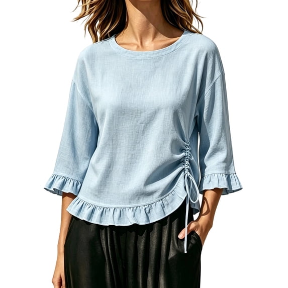 Tops for Women 3/4 Sleeve Round Neck Ruffle Side Drawstring Ruched Textured Casual Summer Blouse
