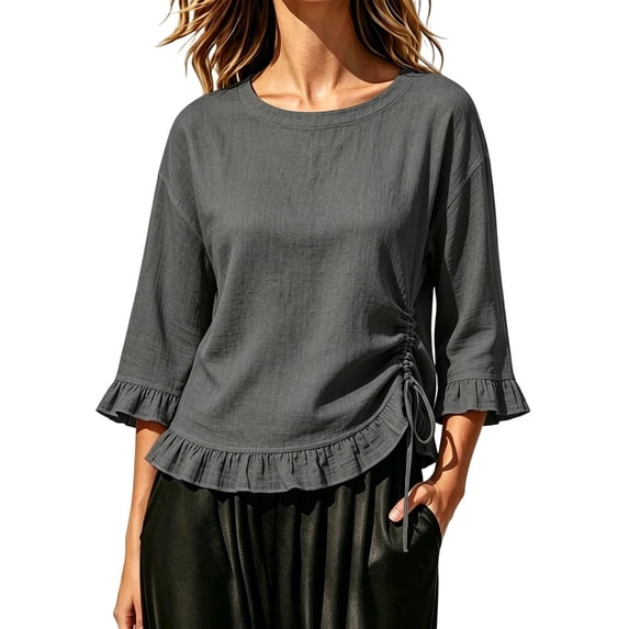 Tops for Women 3/4 Sleeve Round Neck Ruffle Side Drawstring Ruched Textured Casual Summer Blouse