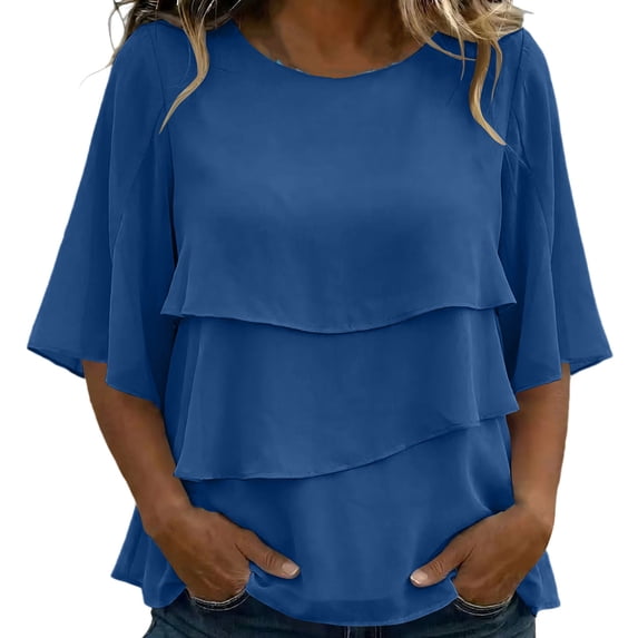 Tops for Women 3/4 Sleeve Round Neck Women Solid Boho Tiered Chiffon Layered Flowy Shirt