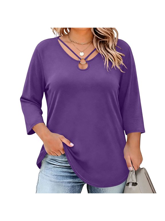 Tops for Women 3/4 Sleeve V Neck Plus Size Solid Color Casual Breathable Top