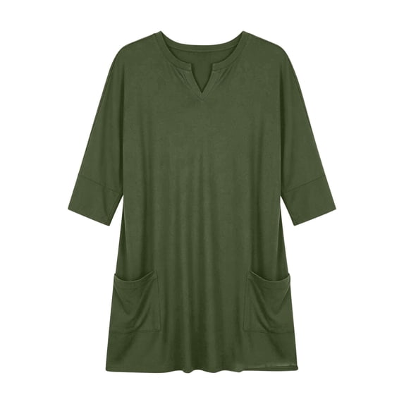 Tops for Women 3/4 Sleeve V Neck Summer Casual Solid Color Extra Long Double Pocket T-Shirt