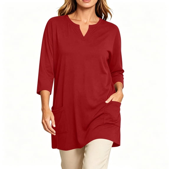 Tops for Women 3/4 Sleeve V Neck Summer Casual Solid Color Extra Long Double Pocket T-Shirt