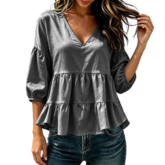 Tops for Women 3/4 Sleeve V Neck Tiered Ruffle Peplum Puff Sleeve Loose Casual Top