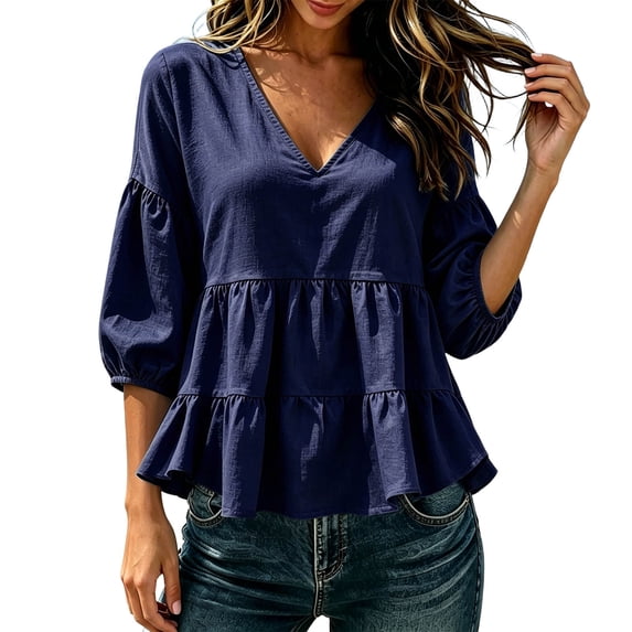 Tops for Women 3/4 Sleeve V Neck Tiered Ruffle Peplum Puff Sleeve Loose Casual Top