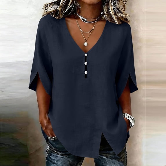 Tops for Women 3/4 Sleeve V Neck Women Fashionable Casual Solid Color Imitation Linen Blouse Navy M