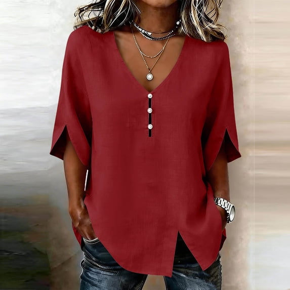 Tops for Women 3/4 Sleeve V Neck Women Fashionable Casual Solid Color Imitation Linen Blouse Red M