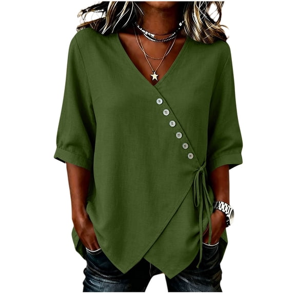 Tops for Women 3/4 Sleeve V Neck Women Fashionable Casual Solid Color Imitation Linen with Tie Blouse