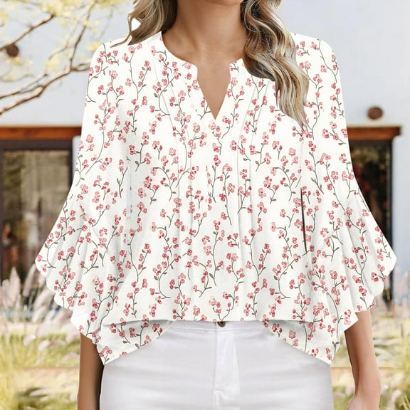 Tops for Women 3/4 Sleeve V-neck Floral Print Spring Summer Casual Solid Color Shirt Pink S