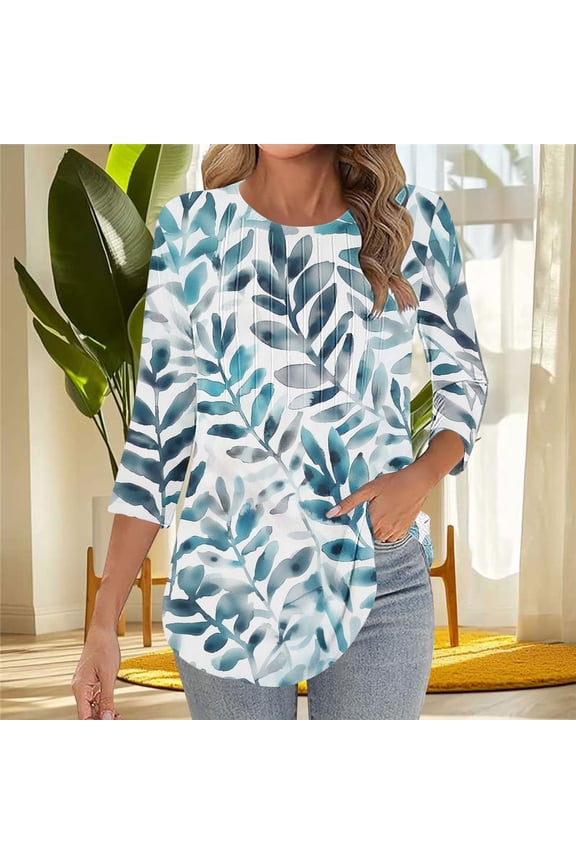 Tops for Women 3/4 Sleeved Round Neck Printed Casual Top T-shirt Green L