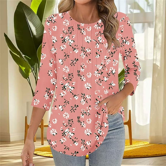 Tops for Women 3/4 Sleeved Round Neck Printed Casual Top T-shirt Pink L