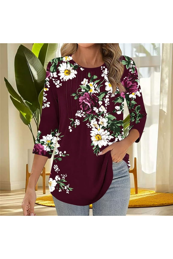 Tops for Women 3/4 Sleeved Round Neck Printed Casual Top T-shirt Wine L