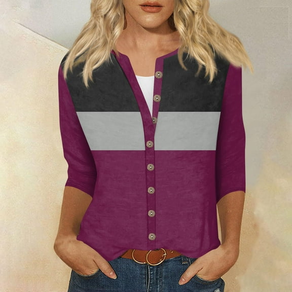 Tops for Women 3/4 Sleeves Buttons Loose T-shirt Patchwork Round Neck Coats Blouse Printed Tops Purple XL