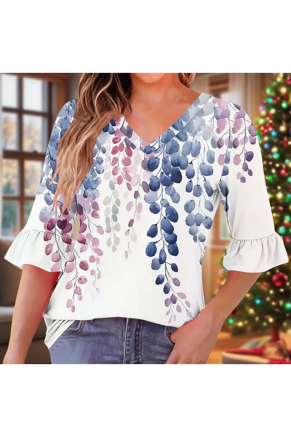 Tops for Women 3/4 Sleeves Pleated Ruffle V-neck Casual Regular Printed Quarter Sleeve Daily Top Navy L