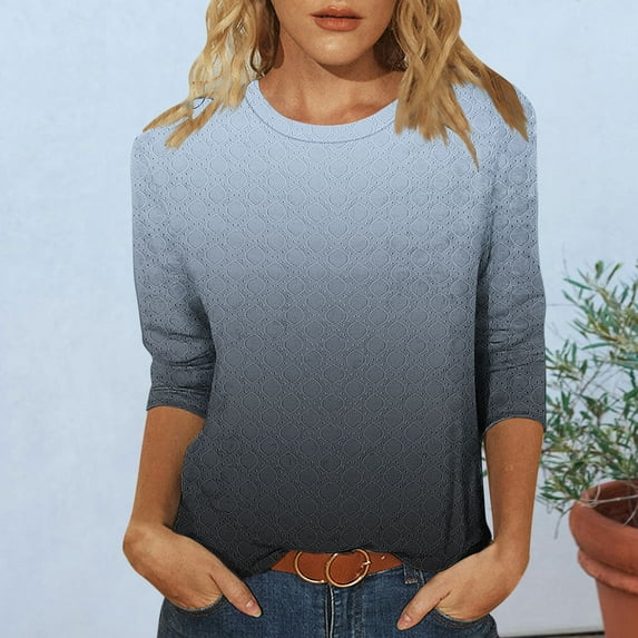 Tops for Women 3/4-sleeved Round-neck Gradient Printing Casual T-shirt Loose Top Gray S