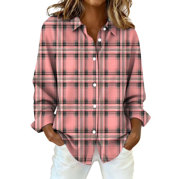 Tops for Women, Audhol Women's Fashion Casual Printed Button Long Sleeve Shirts Tops Button Up Shirt Women Pink, XL
