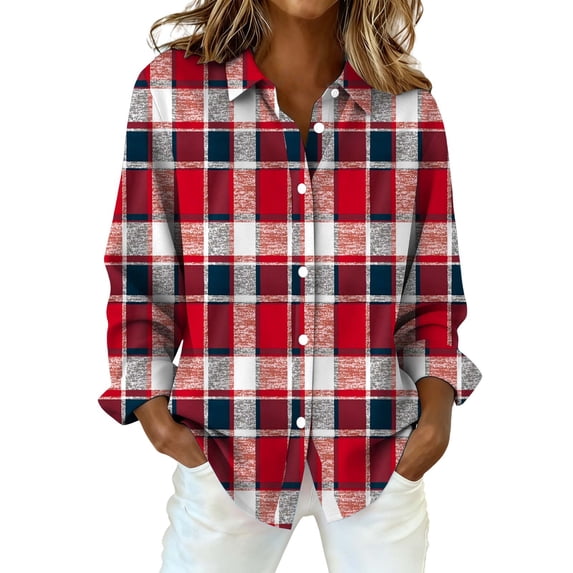 Tops for Women, Audhol Women's Fashion Casual Printed Button Long Sleeve Shirts Tops Button Up Shirt Women Red, XL