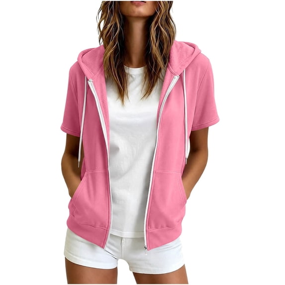 Tops for Women Baeitkot Short Sleeve Zip up Hooded Solid Color Lightweight Casual Sweatshirt Jacket Daily Wear