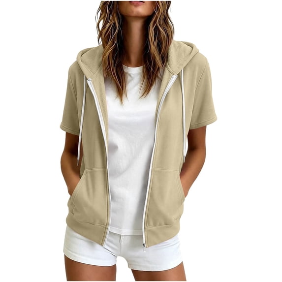 Tops for Women Baeitkot Short Sleeve Zip up Hooded Solid Color Lightweight Casual Sweatshirt Jacket Daily Wear