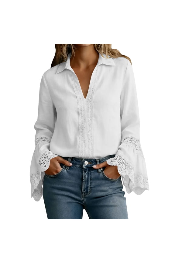 Tops for Women Boho Chic Linen Long Sleeve Cream Lace Insert Blouse with Flared Cuffs