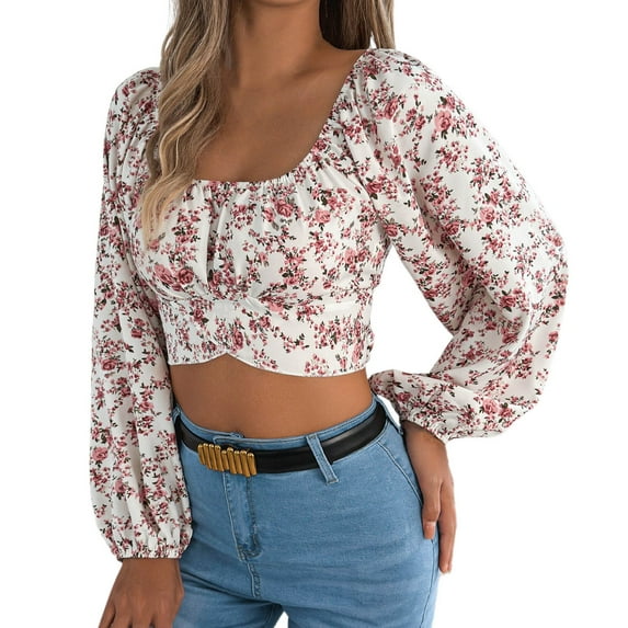 Tops for Women Boho Floral Sleeve Crop Square Neck Long SleeveBack Tie Waist Casual Trendy Outfits White XL