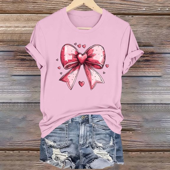 Tops for Women Bow Print Valentine Romantic Round Neck Short Sleeve Blouse Pink M