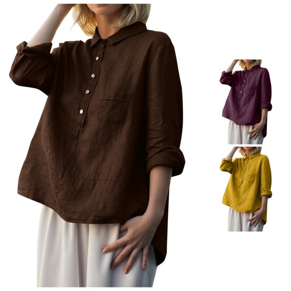 Tops for Women Button Down Blouses Casual Loose Long Sleeve Lapel Work Hi Low Shirt Top Womens Long Sleeve Tops Polyester M