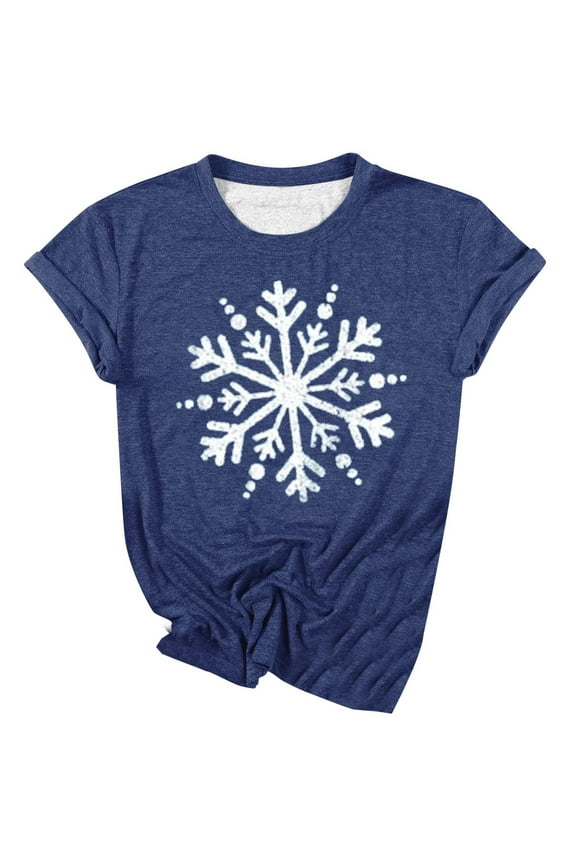 Tops for Women Casual Christmas Print Snowflake Round Neck Short Sleeve T Shirt Plus Size Women's Blouses,Dark Blue,3XL