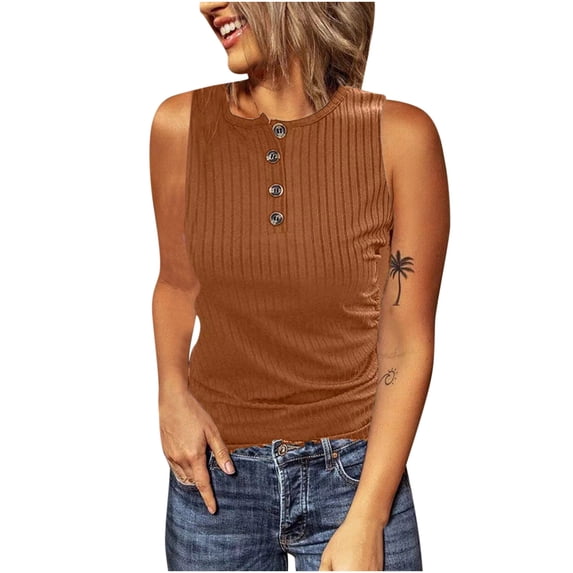 Tops for Women Casual Crewneck Solid Color Sleeveless Vest Buttons Slim Beach Blouse Tops Women's Summer Clothes