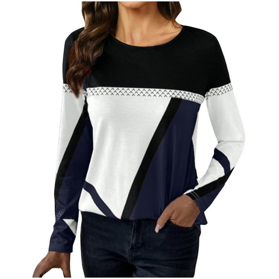 Tops for Women Casual Fall Spring Fashion Color Block Print Long Sleeve Sweatshirt Crew Neck Loose Pullover Shirt(Dark Blue,XXL)