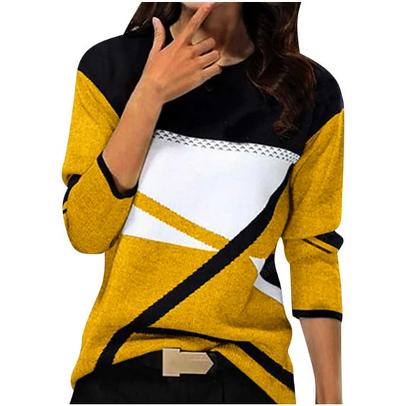 Tops for Women Casual Fall Spring Fashion Color Block Print Long Sleeve Sweatshirt Crew Neck Loose Pullover Shirt(Yellow,M)