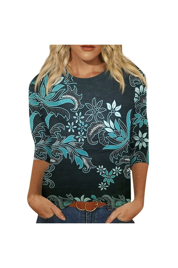 Tops for Women Casual Fall Work Plus Size Spring T Shirt for Women 3/4 Sleeve Retro
