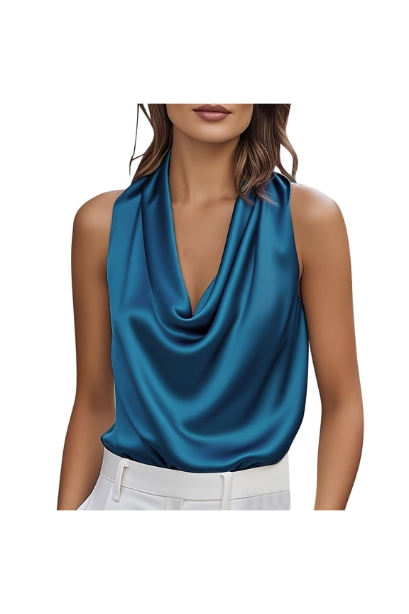 Tops for Women Casual Fashion Solid Color Sleeveless Turtleneck Satin Top