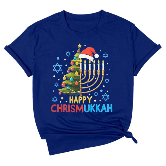 Tops for Women Casual Hanukkah Print Short Sleeve T Shirt Fall Outfit Blouse,Blue,L