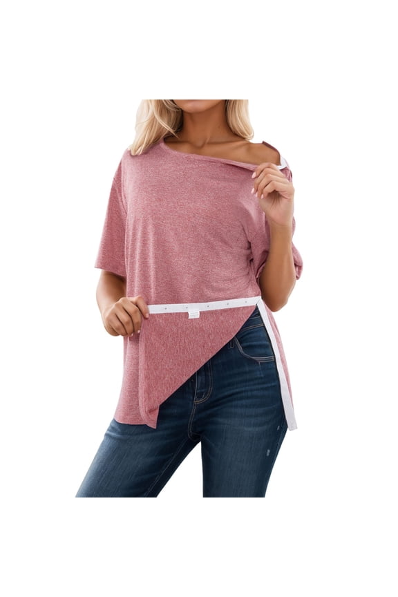 Tops for Women Casual Ladies Chemotherapy Essential Side Open Hook And Loop Short Sleeve Tee Blouse,Red,XL