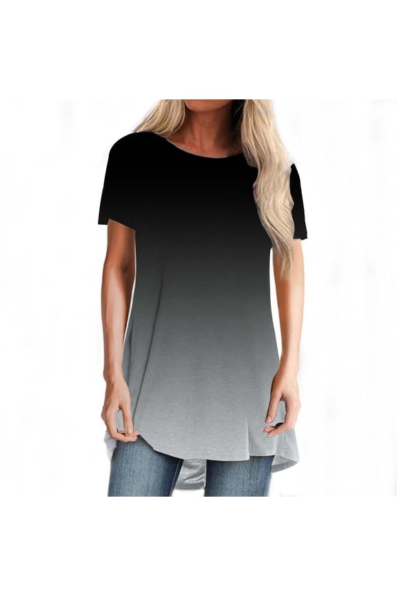 Tops for Women Casual Ladies Fashion Gradient Tee Round Neck Long Top Blouse,Black,M