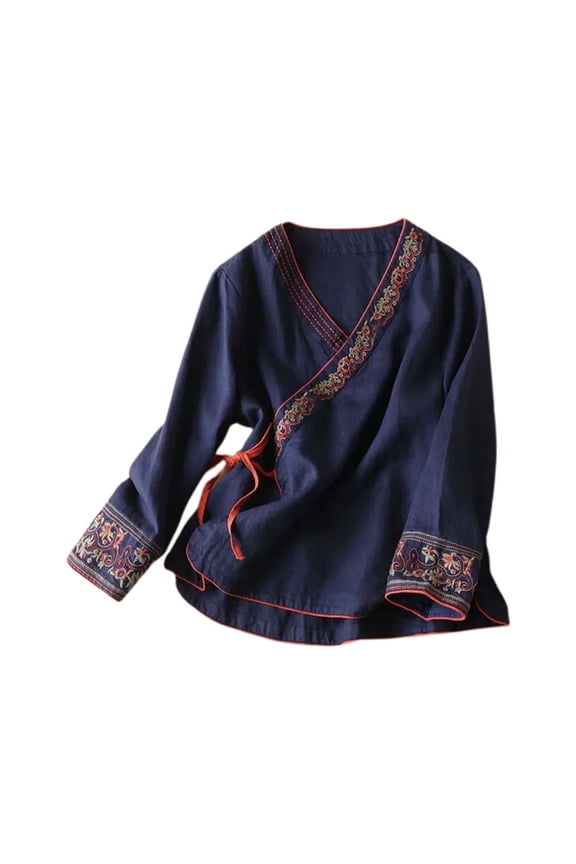 Tops for Women Casual Plus Size Ladies Ethnic Style Diagonal Placket Loose Embroidery Blouse,Navy,3XL=5