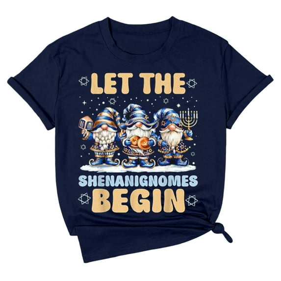 Tops for Women Casual Short Sleeve Letter Print Hanukkah Celebration Tee Shirt Fall Outfits Clothes Blouse,Dark Blue,M