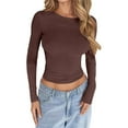 thumbnail image 1 of Tops for Women Casual Slim Fit T Shirt Long Sleeve Solid Color Crewneck Women Blouse,Brown,2XL, 1 of 4