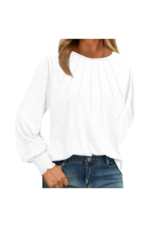 Tops for Women Casual Solid Bubble Sleeve Long Sleeve Round Neck Plus Size Blouse