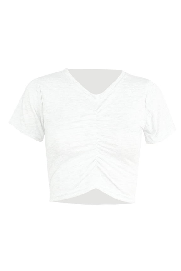 Tops for Women Casual Solid Round Neck Ruching Short Sleeve Crop Tee White M