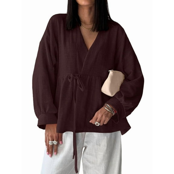 Tops for Women Casual Tie Front Babydoll Shirts Fall Long Sleeve V Neck Peplum Clothes Coffee Color XL