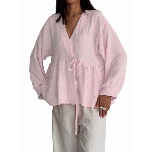 Tops for Women Casual Tie Front Babydoll Shirts Fall Long Sleeve V Neck Peplum Clothes Pink L