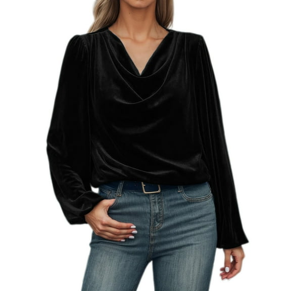 Tops for Women Casual Winter Solid Color Velvet High Neck Long Sleeve T Shirt Plus Size Womens Blouses,Black,L