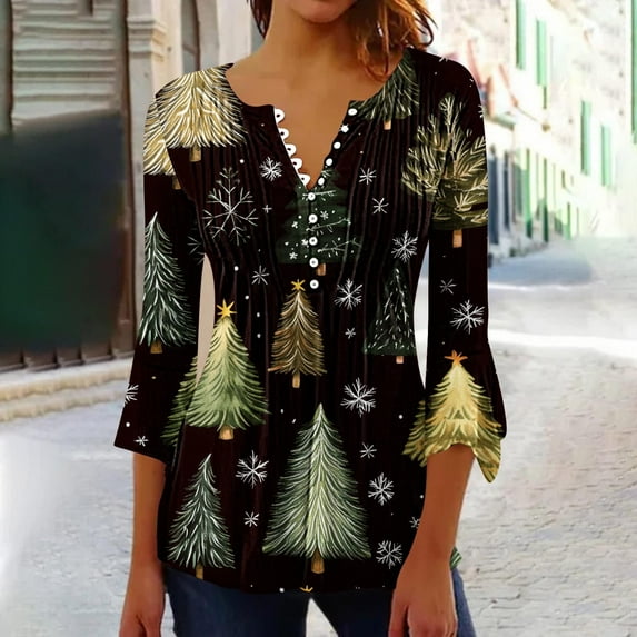 Tops for Women Christmas Long Sleeved Tunic Printed Casual V-neck Pullover Flowy Tunic Top Pleated Casual Blouses Loose Fit Dressy,Womens Tops Black