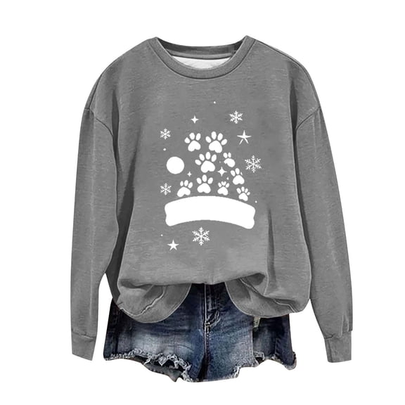 Tops for Women Christmas Print Long Sleeve Round Neck Drop Shoulder Hoodie Sweatshirt Womens Blouse Plus Size Gray XXL