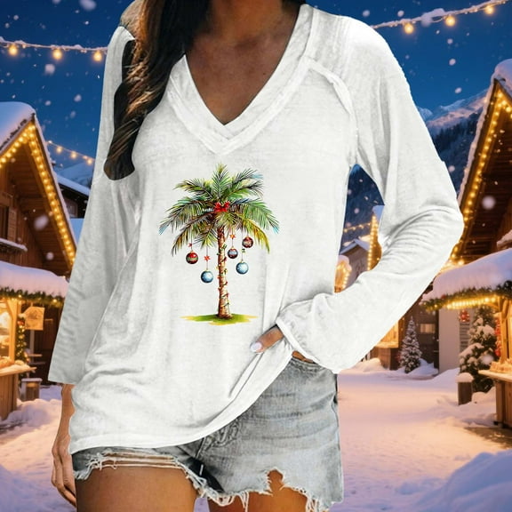Tops for Women Christmas Print V-neck Casual Pullover Long Sleeved Loose Long Sleeved V-neck Top Womens Blouse Plus Size White XXXL