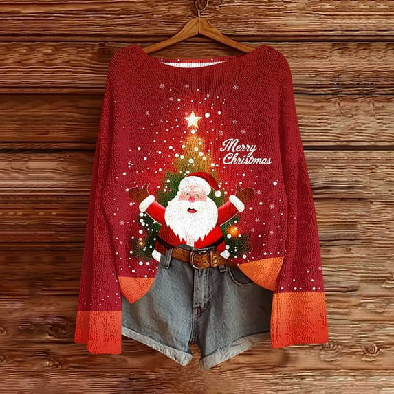 Tops for Women Christmas Printed Casual Crew Neck Long Sleeve Pullover Sweater Knitted Pullover Top Womens Blouse Plus Size Orange XXL