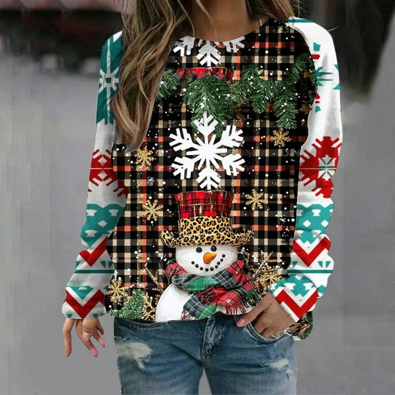 Tops for Women Christmas Printed Long Sleeve Loose Round Neck Sweatshirt,Women's Long Sleeve Tops Multicolor6 XL