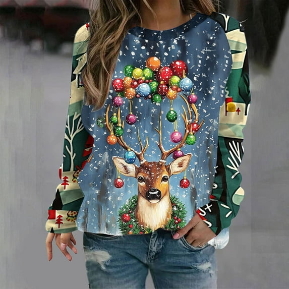 Tops for Women Christmas Printed Long Sleeve Loose Round Neck Sweatshirt,Women's Long Sleeve Tops Multicolor8 XL